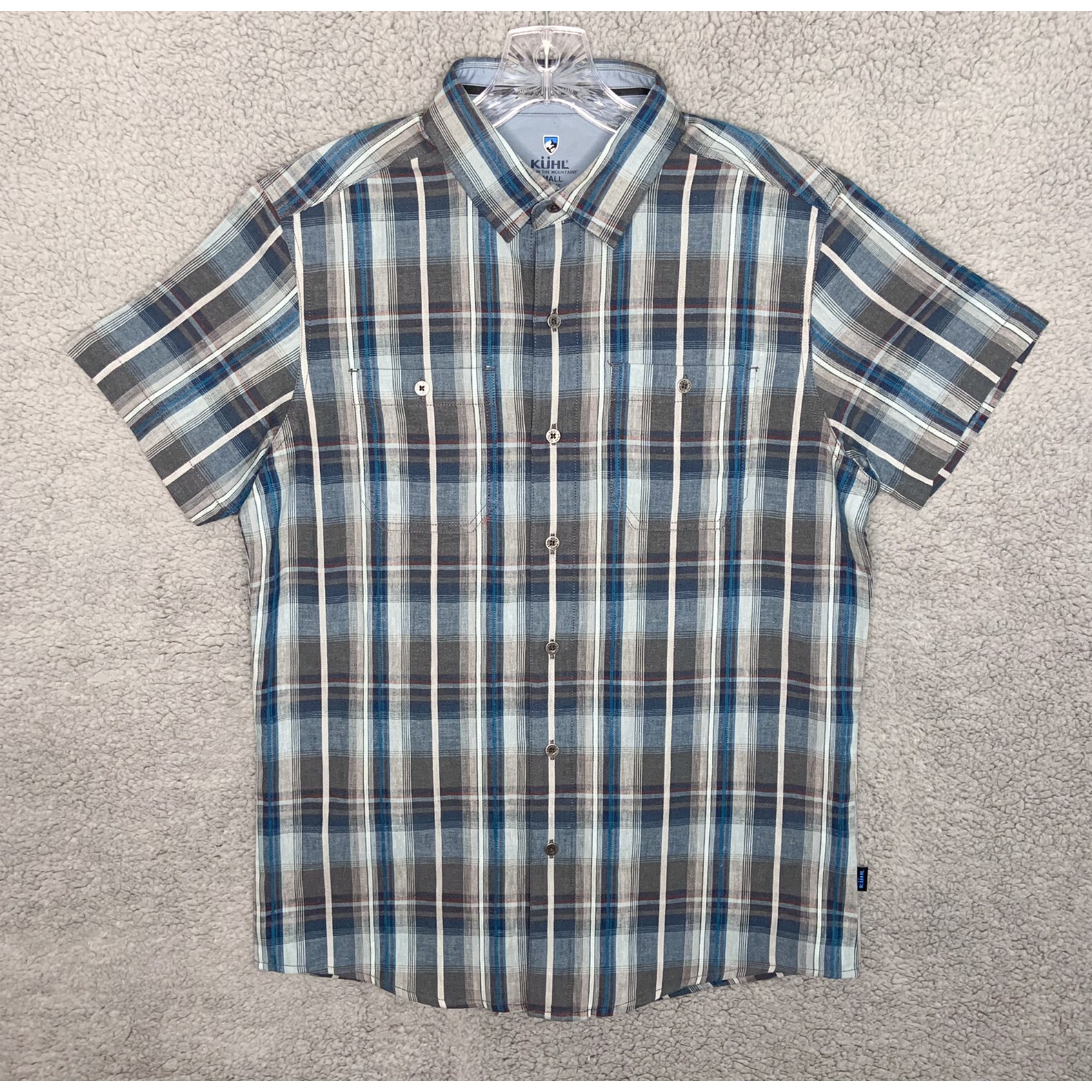 Kuhl Shirt Mens Small Blue Plaid Tapered Fit Button Up Short Sleeve Pockets